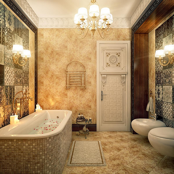 Nhà tắm phong cách cổ điển với tông màu gạch vàng nâu